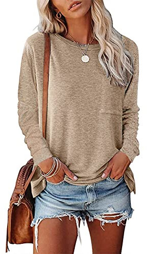 SMENG Chemise Blanche Femme Pull Femme Tee Shirt Femme Sport vetemenr Femme T-Shirt Femme Manches Longues Chemisiers Grande Taille pour Femmes Tenues Kaki Moyen