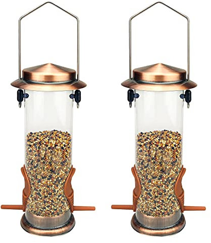 Urban Deco Vogelfutterspender mit 2 Futteröffnungen, Vogelfutterhaus mit 21,5 cm Massivem Transparentrohr, Metall Futterhaus für Vögel (Kupfer-2PK)