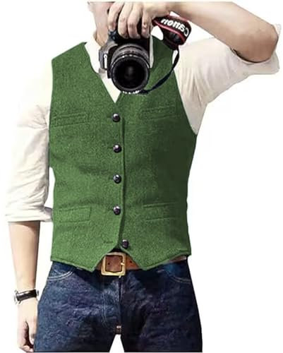 Solovedress Herren Casual Wolle Fischgrätmuster Anzug Weste V-Ausschnitt Tweed Weste für Hochzeit Groomsmen(Grün,XXXL