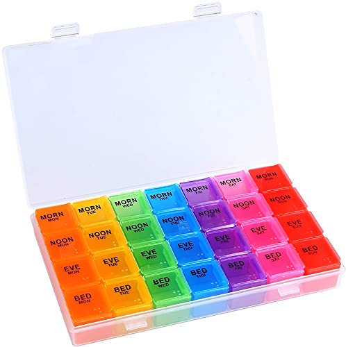 High Capacity Weekly Pill Box/Organiser 7 Day4 Times A Day, with 28 copartments to HoldPlenty of Medication, Vitamins and Supplements(Colour)