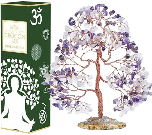 Rose Quartz & Amethyst Gemstone Tree - Geode Agate Slice Base, Handmade Chakra Tree of Life, Healing Stone for Unconditional Love - Spiritual Wisdom, Crystal Tree for Positive Energy, Good Luck Gift