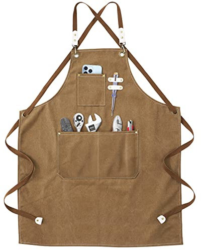 Delantal de trabajo - Delantal de soldadura con bolsa de herramientas Correas cruzadas ajustables Ropa protectora para hombres y mujeres Perfecta para jardín Cocina Cerámica Garaje Marrón 78 * 57