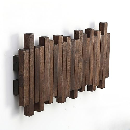 GOGREEBELL Klaviergarderobe aus Naturholz, Wandmontage, Wandmontage, herunterklappbarer Wandhaken, 5 Haken, Eingangs-Wandkunsthaken, aus Akazienholz (Wachs, ölgefärbt, Walnussfarbe). Wandkunst