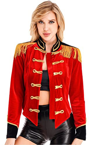 Kaerm Women's Ringmaster Costume Velvet Showman Cosplay Tassel Victorian Jacket Stage Shows Red M