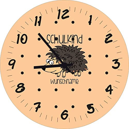 ShirtInStyle Kinderzimmeruhr Schulkind mit Tiermotiv Igel mit Wunschnamen Geschenk Uhr Kinder Handmade Wanduhr Wunschtext Name, 20cm, Beige