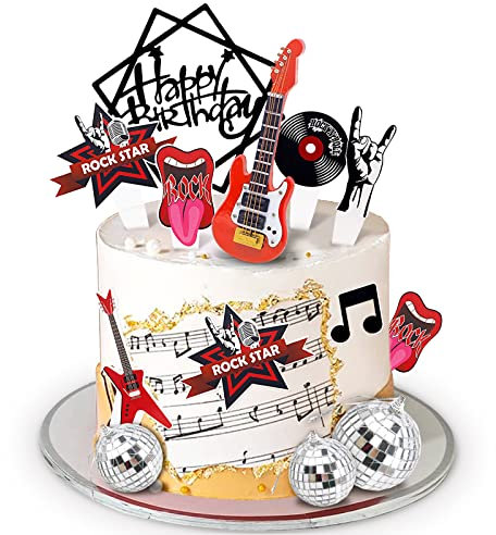 Lukinuo Guitar Cake Topper Music Note Birthday Cake Topper Disco Ball Rock and Roll Cake Cupcake Decoration for Rock Star Musician Bass Guitar 80s Retro Themed Party Supplies