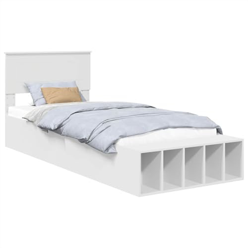 Foknhdi Stauraumbett Weiß 100x200 cm Holzwerkstoff Kopfteil & 5 Regale Modernes Design Robustes Gestell für Schlafzimmer Jugendzimmer Gästezimmer