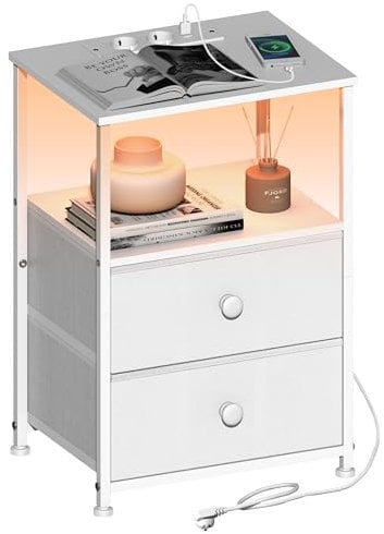 VEDECASA Nachttisch mit Ladestation und LED-Lichtern Moderner Weißer Nachttisch mit 2 Schubladen und offenen Regalen Moderner Beistelltisch für Schlafzimmer Gästezimmer