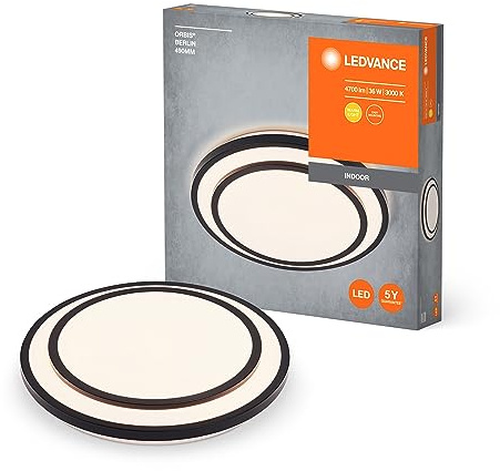LEDVANCE ORBIS BERLIN LED-Deckenleuchte 490mm, schwarz, 36W, 4700lm, warmweiße Lichtfarbe, sehr homogene Lichtverteilung, lange Lebensdauer, fest verbautes LED-Modul, rund, IP20 Schutzklasse, 3000K