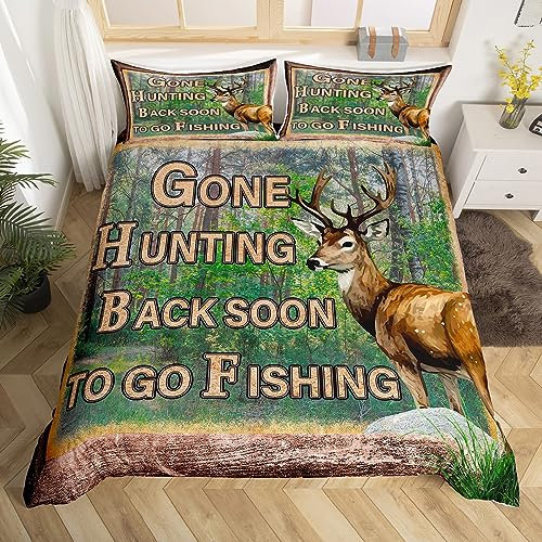 Wilde Tiere Jagd Kinder Bettbezug Set S Größe,Go Angeln See Haus Bettwäsche Set,Jungen Mädchen Zimmer Dekor,Hirsch Kiefern Bäume Rustikale Bauernhaus Komfort Abdeckung,Retro Quilt Cover,1 Kissenbezug