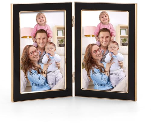 Giftgarden Doppel-Bilderrahmen, 10,2 x 15,2 cm, Schwarz mit Klarglas-Display, 10 x 15 cm, Metallklapprahmen für Tischplatte und Wandaufsteller