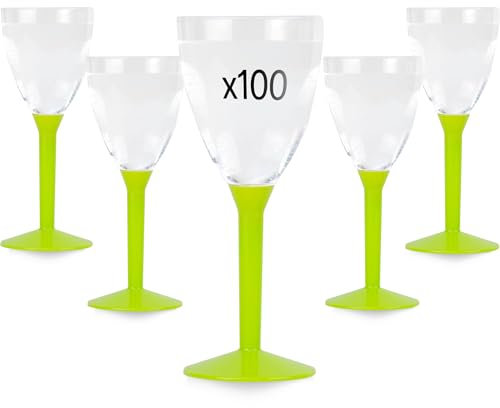 Table'Colors Lot de 100 Verres A Pied Plastique Lavable et Reutilisable - Emboitage Parfait, Grande Stabilité, Idéal Mariage, Anniversaire, Réceptions - Contenance 16cl (Vert Anis)