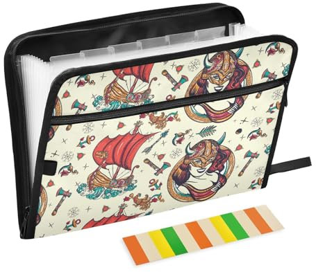 Viking Tattoo Anker Skandinavische Kultur Erweiterbare Ordner 13 Taschen A4 Briefgröße Aktenordner Jacke mit Reißverschluss Erweiterungsmappe für Zeitung, Büro, Geschäft