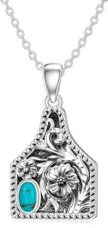 BETHZA Western-Kuh-Tag-Halskette 925er-Sterlingsilber echter türkisfarbener Rinder-Tag-Anhänger böhmischer Vintage-Schmuck Geschenke für Frauen Cowgirl