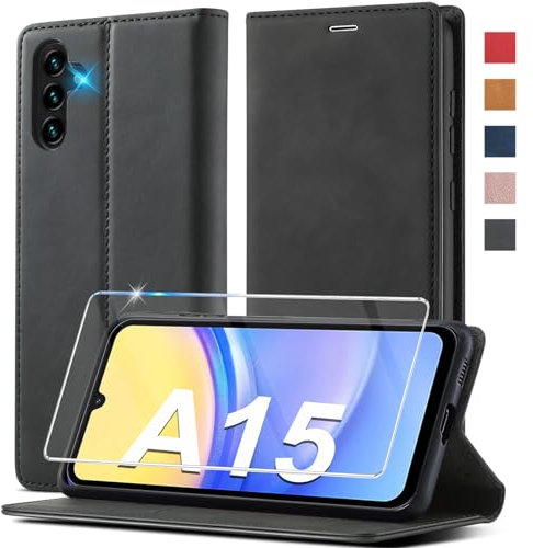 Ailicici für Samsung Galaxy A15 Leder Handyhülle - Klappbare Flip Wallet mit Schutzfolie, Stoßfeste Klapphülle [5G]