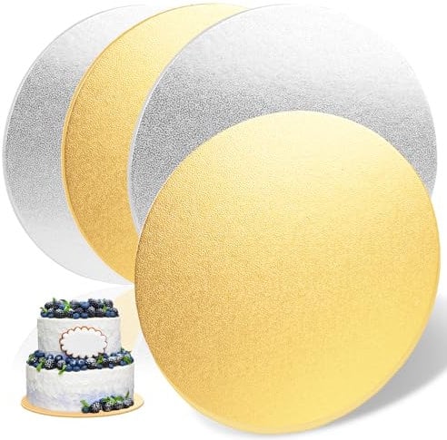 Tortenplatte 4 Stück, 3mm x 30cm/12inch Cake Board Kuchenplatte, Rund Wiederverwendbar Tortenunterlage, Cake Board Gold&Silber für Transport Kuchen und Torten…