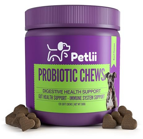 Petlii PROBIOTIC CHEWS - dog probiotics for gut health - digestive enzymes for dogs - Improve digestion, reduce diarrhea, itching and discomfort and eliminate foul odours. 120 Chews per tub