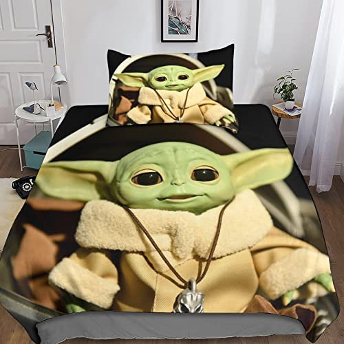 POCHY Baby Yoda Bettwäsche-Set Für Kinder Jungen Mädchen Teenager Erwachsene Mikrofaser Science Fiction Bettbezug-Set Mit Reißverschluss 3-teilig Mit Kissenbezügen Single（135x200cm）