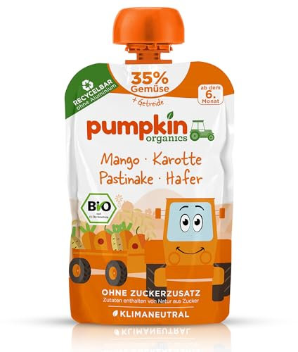 Pumpkin Organics Bio Gemüse-Getreide-Quetschie Mango, Karotte, Pastinake, Hafer ohne Zuckerzusatz¹ - ab dem 6. Monat - als Snack oder Beikost für unterwegs (100g)