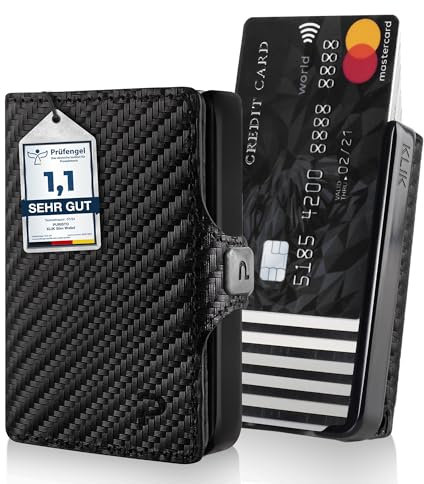 PURISTO KLIK Minimal Slim Wallet - Mini Portemonnaie und Geldbeutel für Herren aus Echtleder - Kleines Kartenetui mit RFID Schutz für 10-12 Karten - Carbon