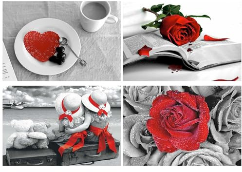 DCIDBEI 4 Pack Diamond Painting Roses 40x30cm - Peinture par Numéros pour Enfants et Filles - Broderie Diamant Rose Rouge Romantique - Livre Café