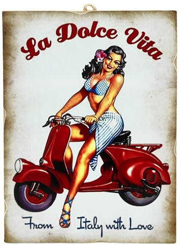 KUSTOM ART Quadro Stile Vintage Serie Pin-up Souvenir Italia Moto Scooter La Dolce Vita Stampa su Legno 25x18 cm.