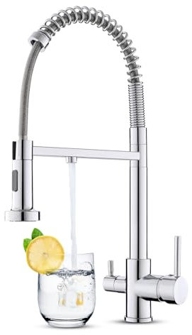 KEOKBON 3 Wege Wasserhahn Küche mit Filter Mischbatterie, 360° Drehbar Küchenarmatur aus Messing und Edelstahl 304, Drei Wege Mischbatterie, Trinkwasserhahn mit 2 Hebel, 3 in 1 Spültischarmatur, Chrom