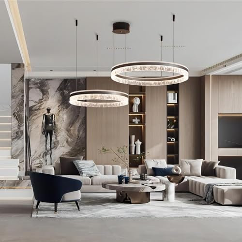 RuiRfh LED Kronleuchter Wohnzimmerlampe groß Moderne Pendelleuchte dimmbar mit Fernbedienung Hängelampe Moderne Esstischlampe braunes Aluminium runde Acrylbeleuchtung Deckenlampe Hotel Restaurant (SI