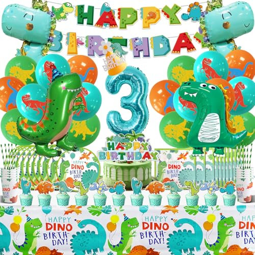 Dinosaure Decoration Anniversaire Ballon,Dinosaurs Fête Déco 3 Ans,104 Pcs Jungle Vaisselle Set avec Nappe Assiette Gobelet,Dinosaure Anniversaire Enfant,Dino Ballons en Aluminium