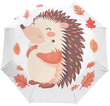 GAIREG Reise-Regenschirm, Motiv: Herbstblätter und Igel, automatisches Öffnen und Schließen, kompakt, zusammenklappbar