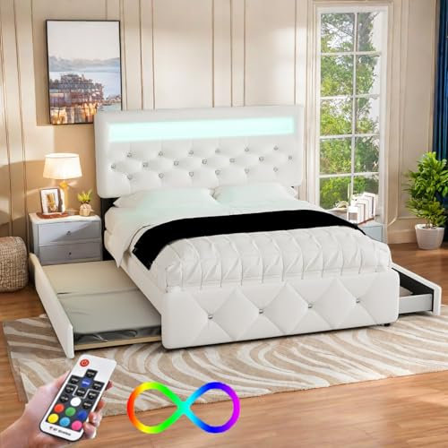 Letto Matrimoniale Con Contenitore 140 x 200 (90 x 190 cm), Con LED e Testiera, Una Piazza e Mezza Con Estraibile e 2 Cassetti, Rete a Doghe, Struttura