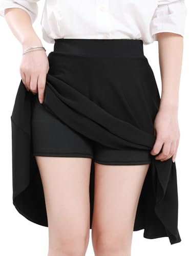 Damen Rock Basic Röcke für Damen mit Hose drunter Knielange Skirt Röcke Solide- Elastischer Bund mit 2 Seitentaschen (DE/NL/SE/PL, Alphanumerisch, S, Regular, Regular, Schwarz)