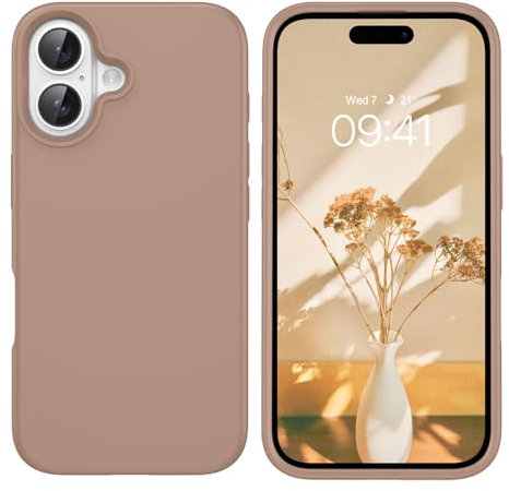 DOMAVER Silicone Liquide Coque iPhone 16, Etui de Protection Fin Antichoc avec Doublure en Microfibre, Housse Téléphone Antidérapante et Anti-Empreintes Digitales, Brune Caramel