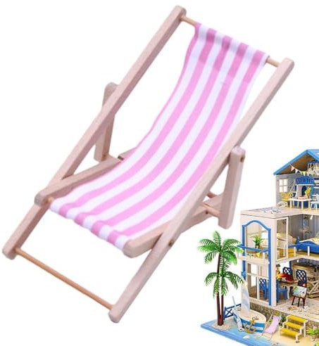 Moreeulsi 5 Stück Hölzerner M-ini Deko Liegestuhl, 7.5x6x5cm Klappbarer Liegestuhl Zur Dekoration, Puppenhaus Stuhl, Klappstuhl Stoffsitz Für Puppe Mikrolandschaft, M-iniatur-Liegestuhl