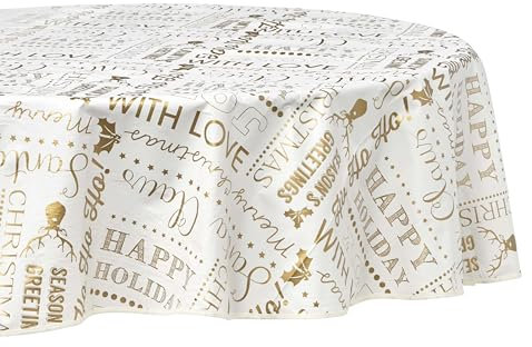 Celebright Festive Christmas PVC Tablecloth - Gold Joyful Holiday Expressions, 70in Round - Perfect for Round Tables, Adds Festive Sparkle, Easy to Clean, Durable Material