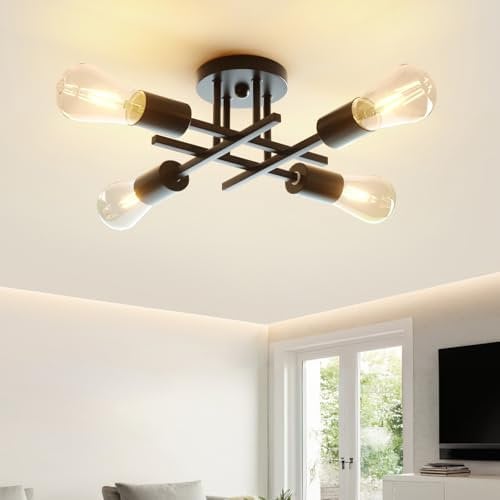 Kuwork Deckenleuchte Vintage, 4 Flammig Deckenlampe Schwarz E27, Sputnik Kronleuchter, Wohnzimmerlampe für Wohnzimmer Esszimmer Schlafzimmer Küche