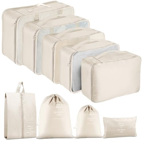 MOFELON Koffer Organizer Set, 9 Stück Packing Cubes, Kofferorganizer Packtaschen Set, Travel Packwürfel mit Kleidertaschen Schuhbeutel, Reise Gadgets-Beige