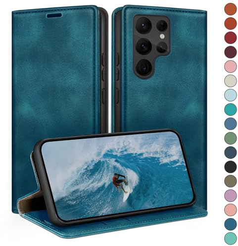 HUOUH für Samsung Galaxy S22 Ultra Hülle mit RFID Schutzhülle aus Lederhülle Handyhülle,Kartenfach Leder ständer Handy hülle,360 Grad Schutz Cover für Samsung S22 Ultra Klapphülle Wallet Case Türkis