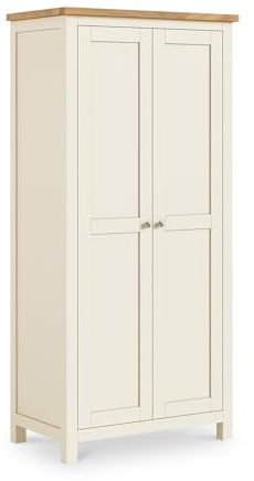 RoselandFurniture Farro Cream 2 Door Full Hanging Wardrobe for Bedroom | Clothes Storage, Wooden Closet with Garment Rail, Oak Top, Painted Finish, Shaker Style, H183cm W85cm D52cm
