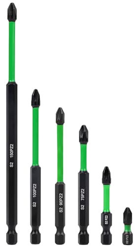 Saipe 6-Piece PZ2 Magnetic Impact Screwdriver Driver Bits Set, POZI No.2 Screw Driver Drill Bits, S2 Steel Pozidriv Screwdriver Bit Set, 1/4 Inch Hex Shank Impact Driver Bit, Long 1 inch - 6 inch