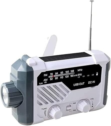ESHINEDE Radio d'urgence à manivelle Radios météo Portables solaires, AM/FM, Lampe de Poche LED, réveil, Alarme SOS, Banque d'alimentation 2000 mAh(White)