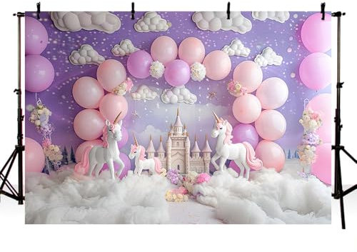 MEHOFOND Telón de fondo para fotografía de retrato de niñas de 7 x 5 pies, castillo de ensueño, unicornio, arco de globos morados, fondo de nube blanca, fondo de nube para baby shower, decoración de