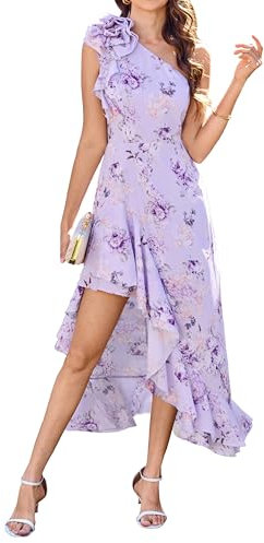 GRACE KARIN Abito lungo da donna, linea ad A, con spacco sulle spalle, senza maniche, decorazione floreale, scollo a V, abito da cocktail, Fiore viola., 44