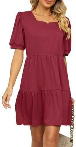 crazy bean Robe Ete Femme Mini Robe à Volants Taille Haute Manche Courte Bouffantes col en Carrée Été de Plage Bohème Chic Élégante Décontractée Casual Rose XL