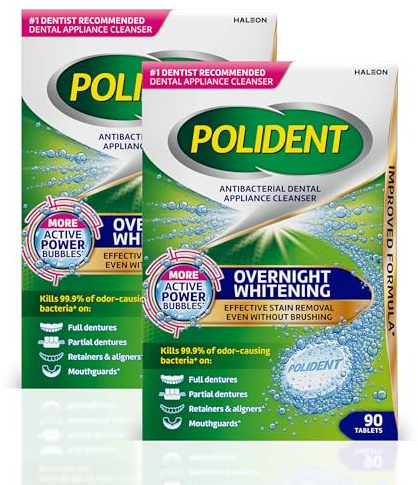 Polident Overnight Whitening Antibacterial Dental Appliance Cleanser Tablets, 90 Count (2 Pack)