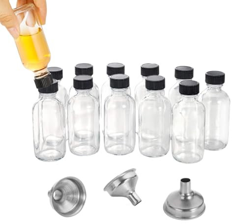 SVCEQZE Lot de 12 bouteilles de jus en verre avec couvercles | 12 petits pots à shot au gingembre de 60 ml de format voyage transparents avec 3 entonnoirs en acier inoxydable pour huiles, potion