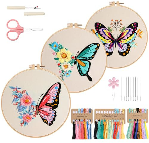 VynyQoo 3pcs Kit Ricamo Principianti di Farfalla, Ricamo Starter Kit, Embroidery Kit per Adulti e Principianti con Telaio da Ricamo Fili e Attrezzi da Ricamo, Set Ricamo per Artigianato fai da te