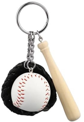 pipisweet 3-teiliger Baseball-Handschuh, Holzschläger, Schlüsselanhänger, Sportwagen, Schlüsselanhänger, Geschenk für Männer, Frauen, Männer, Geschenk, 11 cm, 2 Stück, Schwarzer Schlüsselanhänger, One