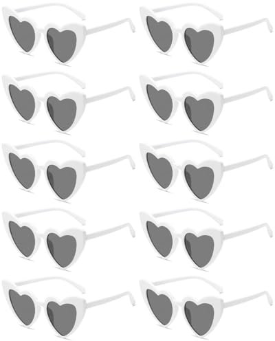 Augesak Retro Herz Sonnenbrille,10 Stück Herzbrillen Weiß,Herzförmige Party Brillen,Sonnenbrille Hochzeit,JGA Sonnenbrille Frauen,Weiß Herzbrille für Party,Halloween,Weihnachten, Hochzeit