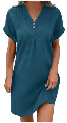 HAOLEI Robe Femme Ete Lin Coton Tunique Robe Manches Courtes Ample Casuel Couleur Unie Robes avec Boutons Col V Chic Elegant Robes De Plage Pas Cher Grandes Tailles Dress pour FêTe Vacances